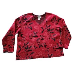 Coldwater Creek‎ Red Floral Fleece V-neck Sweater Women's Large